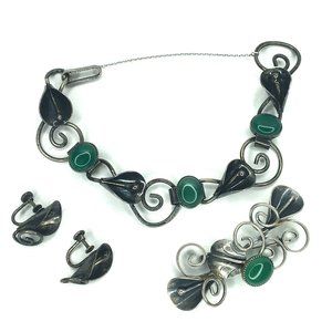 Vintage Sterling Calla Lily Green Onyx Jewelry Set